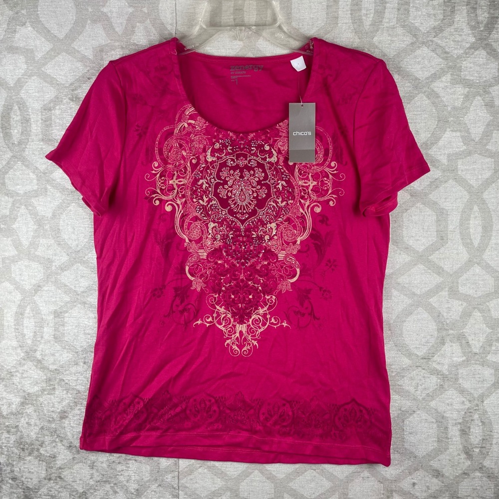 Chicos Zenergy Mandy Medallion Women 1 Medium Pink Embellished Scoop Tee NWT